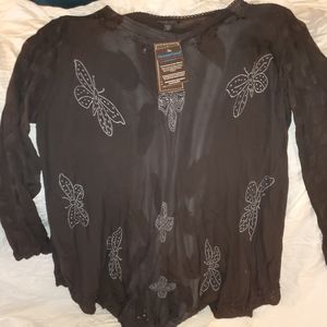 Greater Good 1x/2x black long-sleeved blouse with butterflies semi- sheer